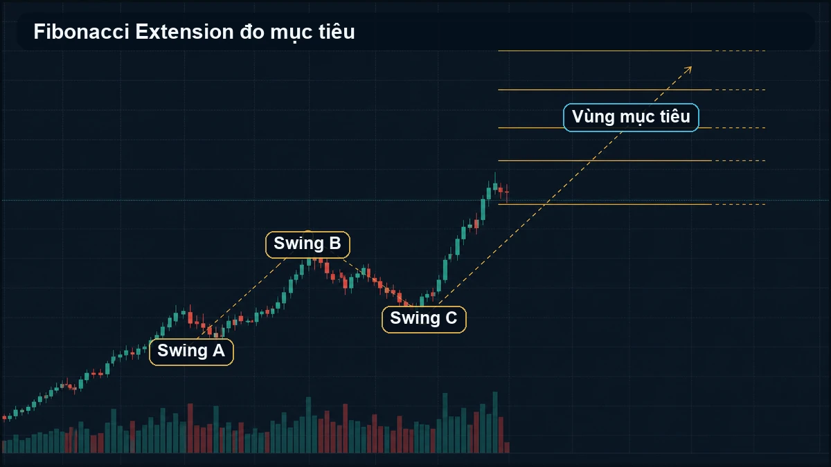 Fibonacci Extension: Cách đo mục tiêu sau breakout mà không chốt lời máy móc Swing A B C và vùng mục tiêu Fibonacci Extension trên chart