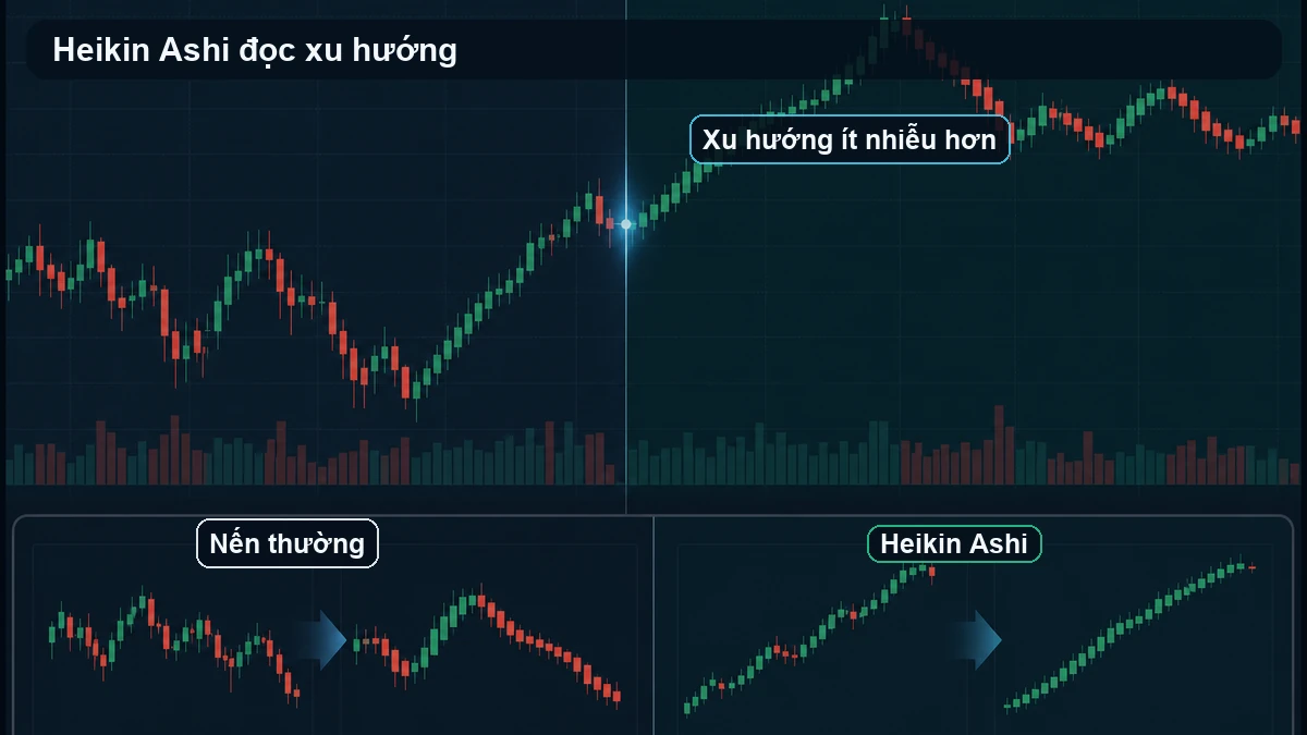 Heikin Ashi là gì? Cách đọc xu hướng ít nhiễu nhưng không sai giá Nến thường và Heikin Ashi cho thấy xu hướng được làm mượt