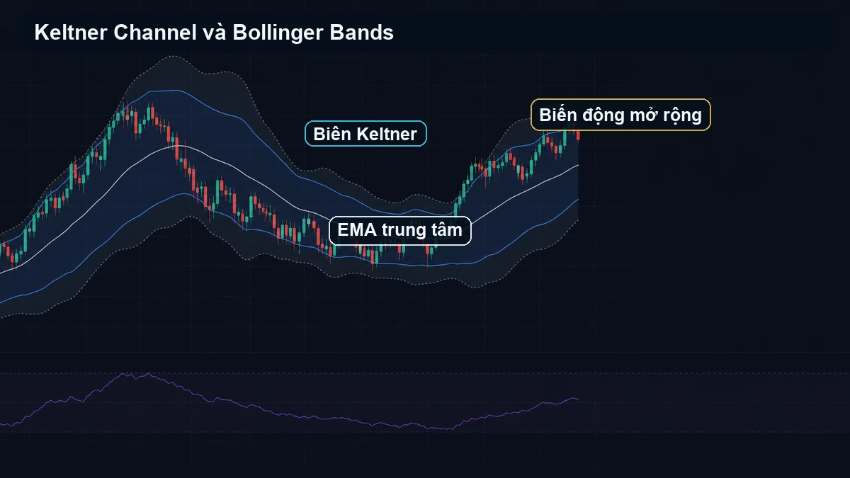 Keltner Channel và Bollinger Bands: Khác nhau ở đâu, dùng khi nào? Biên Keltner EMA trung tâm và vùng biến động mở rộng