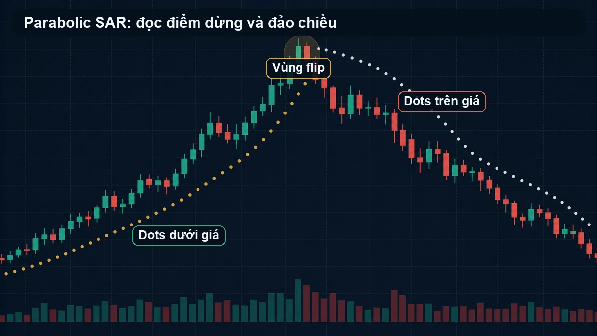 Parabolic SAR là gì? Cách đọc dots đảo chiều mà không bị nhiễu Dots Parabolic SAR chuyển từ dưới giá sang trên giá tại vùng flip