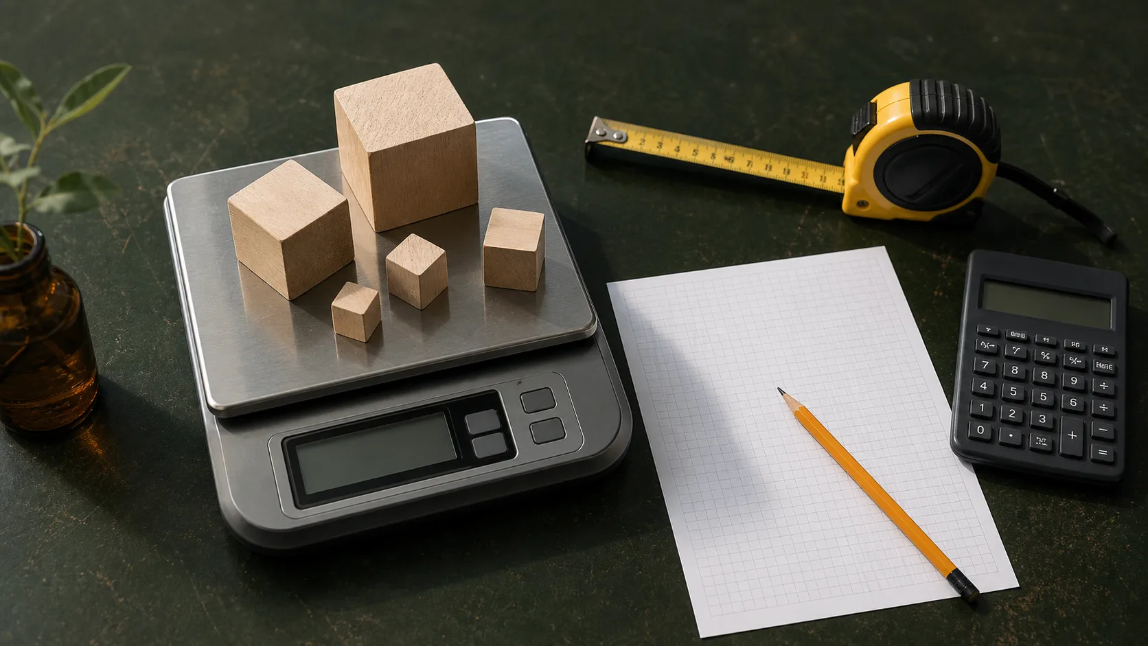 Position Sizing Formula for Forex and CFD Trades Wooden blocks of different sizes on a precision scale beside measuring tools