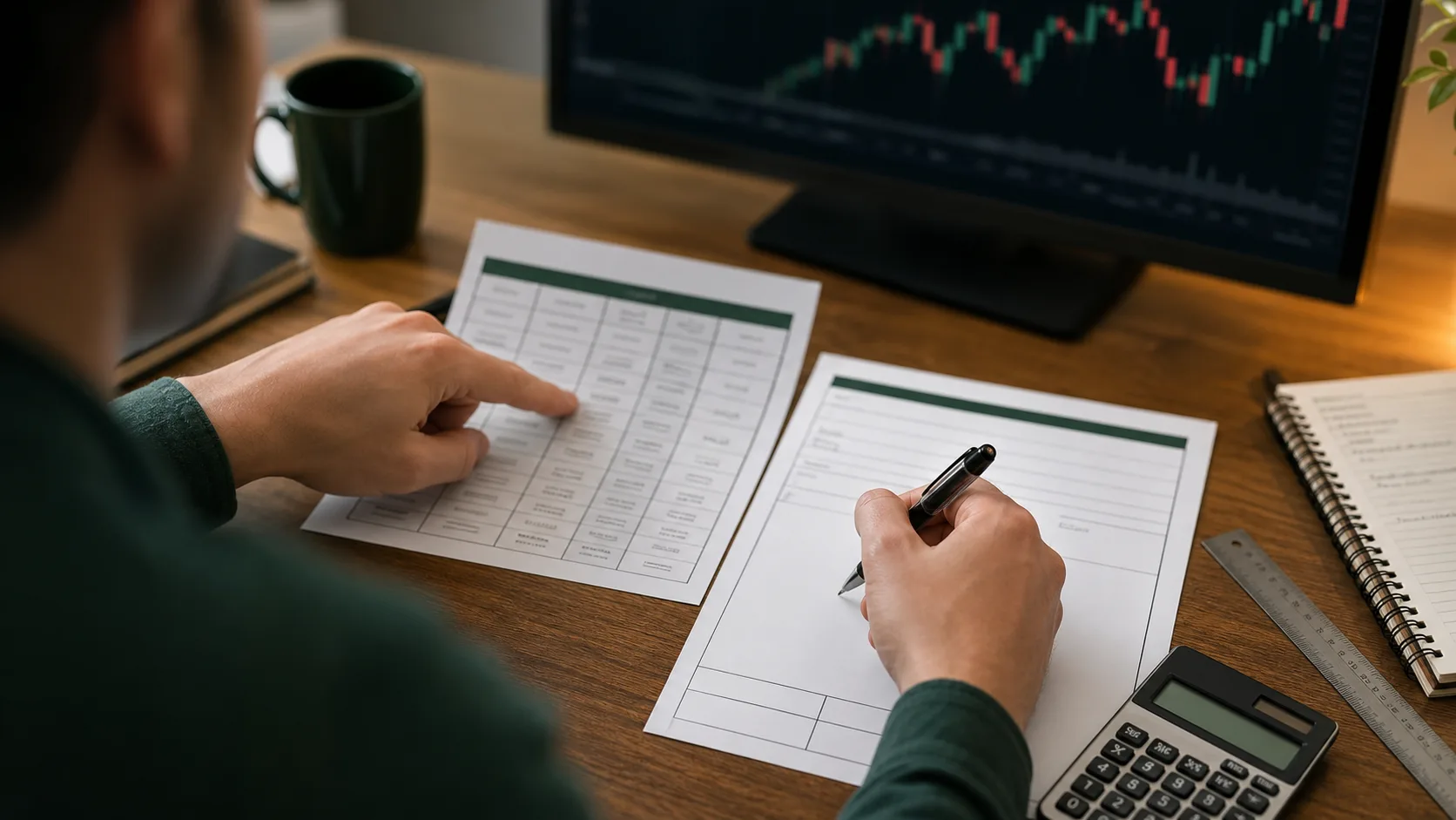 Position Sizing Formula for Forex and CFD Trades Trader checking contract details and stop distance on a calculation worksheet