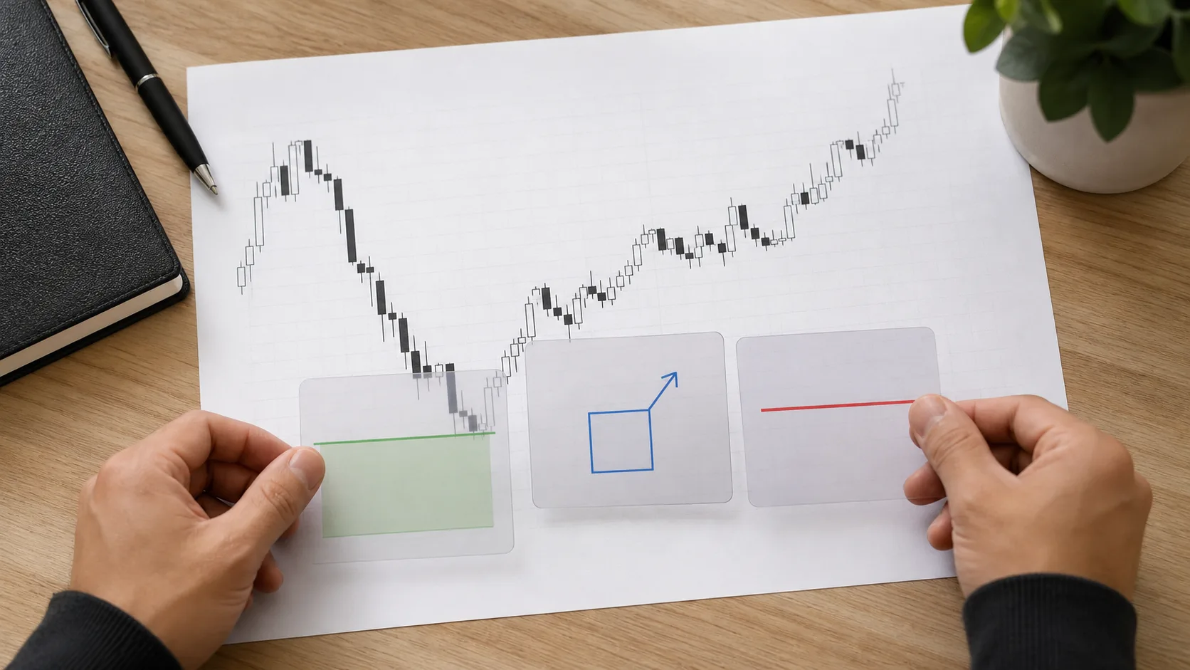 Setup, Trigger và Invalidation: Tách 3 phần của một lệnh Ba thẻ trong suốt biểu diễn bối cảnh, xác nhận và mức vô hiệu trên biểu đồ nến