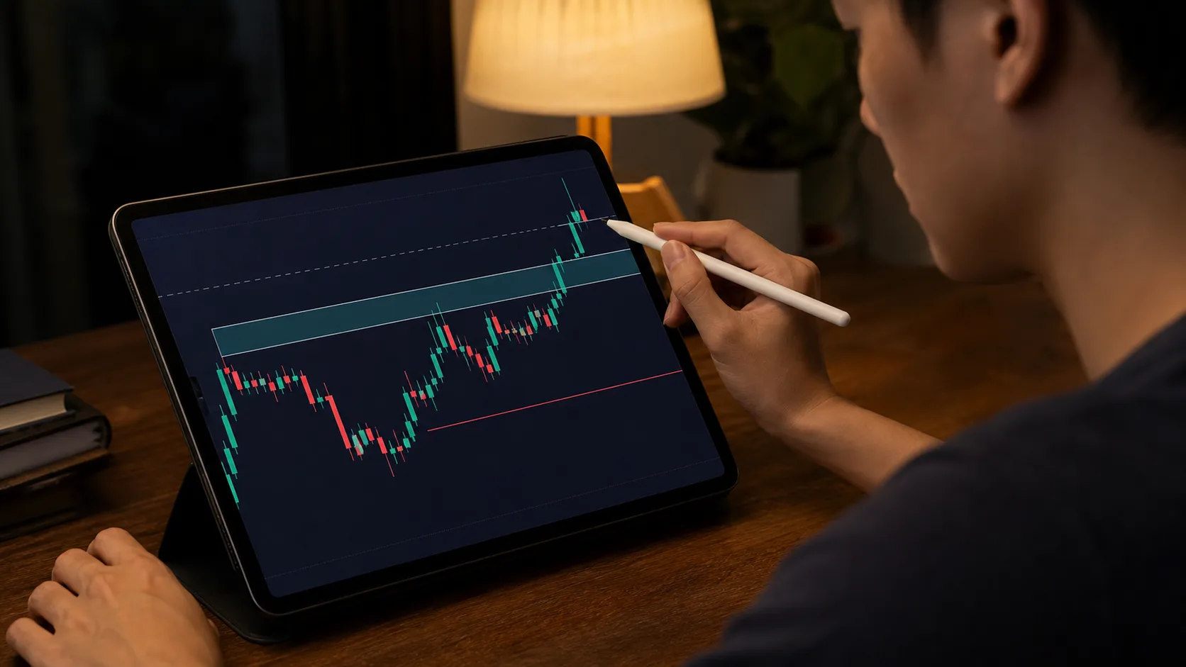 Setup, Trigger và Invalidation: Tách 3 phần của một lệnh Trader dùng bút cảm ứng đánh dấu vùng setup và mức vô hiệu trên biểu đồ