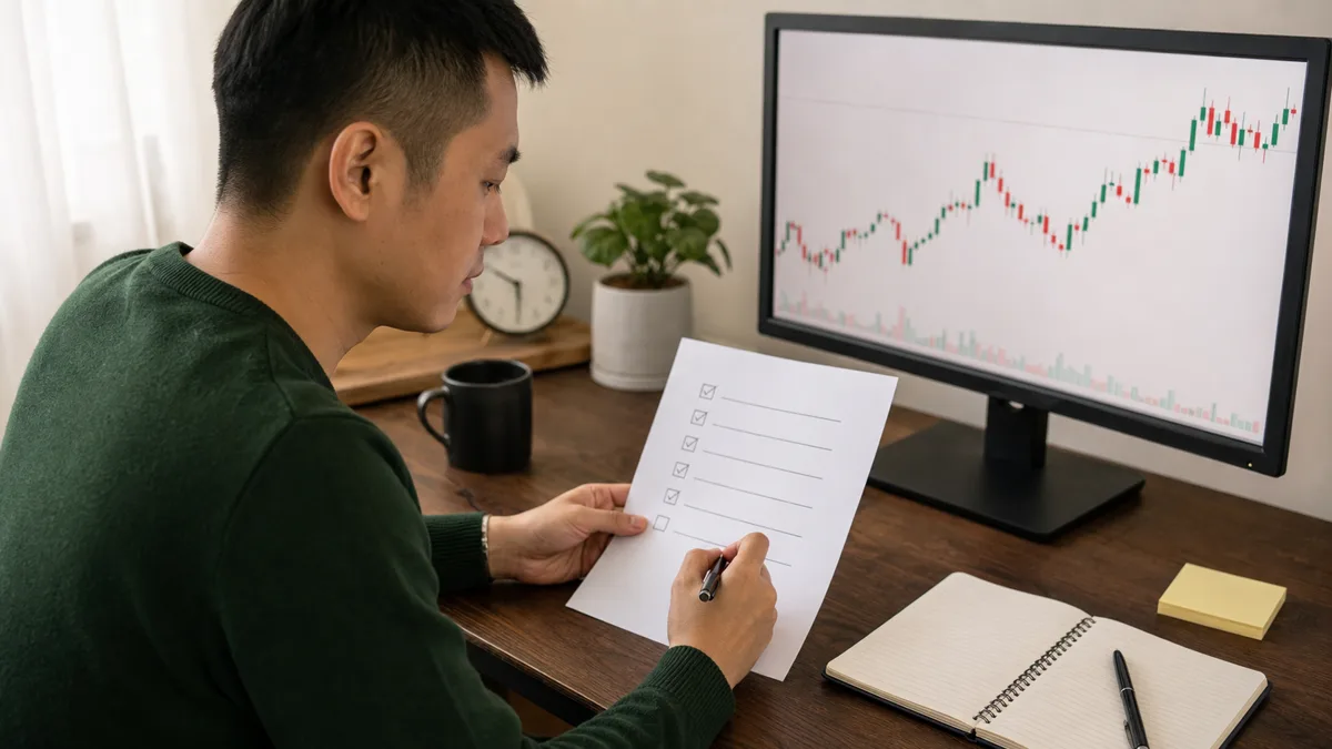 Kế hoạch giao dịch 1 trang: Mẫu và cách dùng mỗi ngày Trader kiểm tra checklist kế hoạch trước khi thực hiện giao dịch