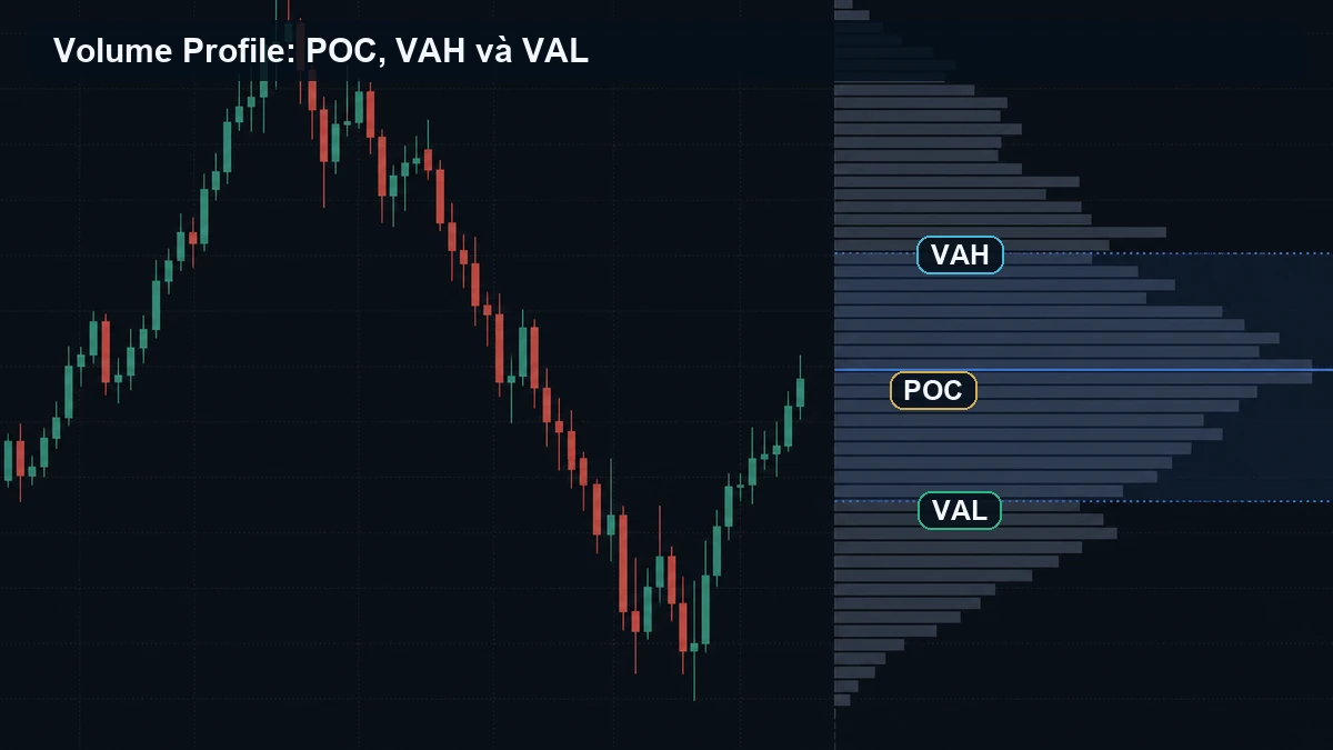 Volume Profile: Cách đọc POC, VAH và VAL cho người mới Volume Profile thể hiện VAH POC và VAL trên vùng giá trị