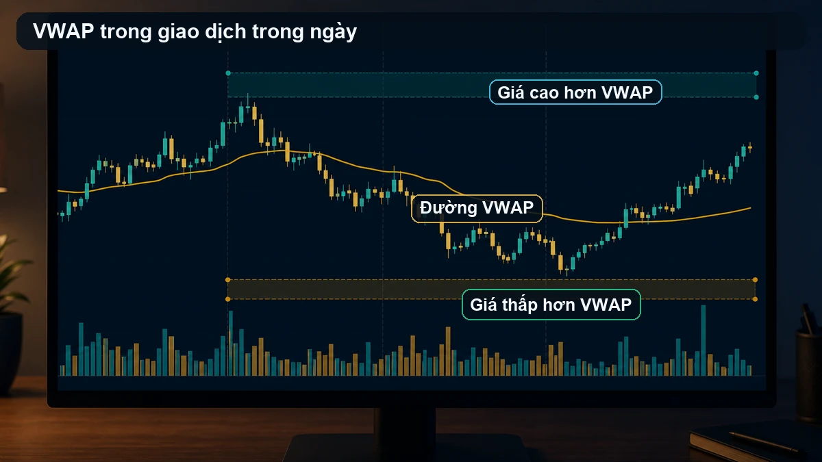 VWAP trong trading: Cách đọc giá quanh đường trung bình theo khối lượng Đường VWAP nằm giữa vùng giá cao hơn và thấp hơn VWAP