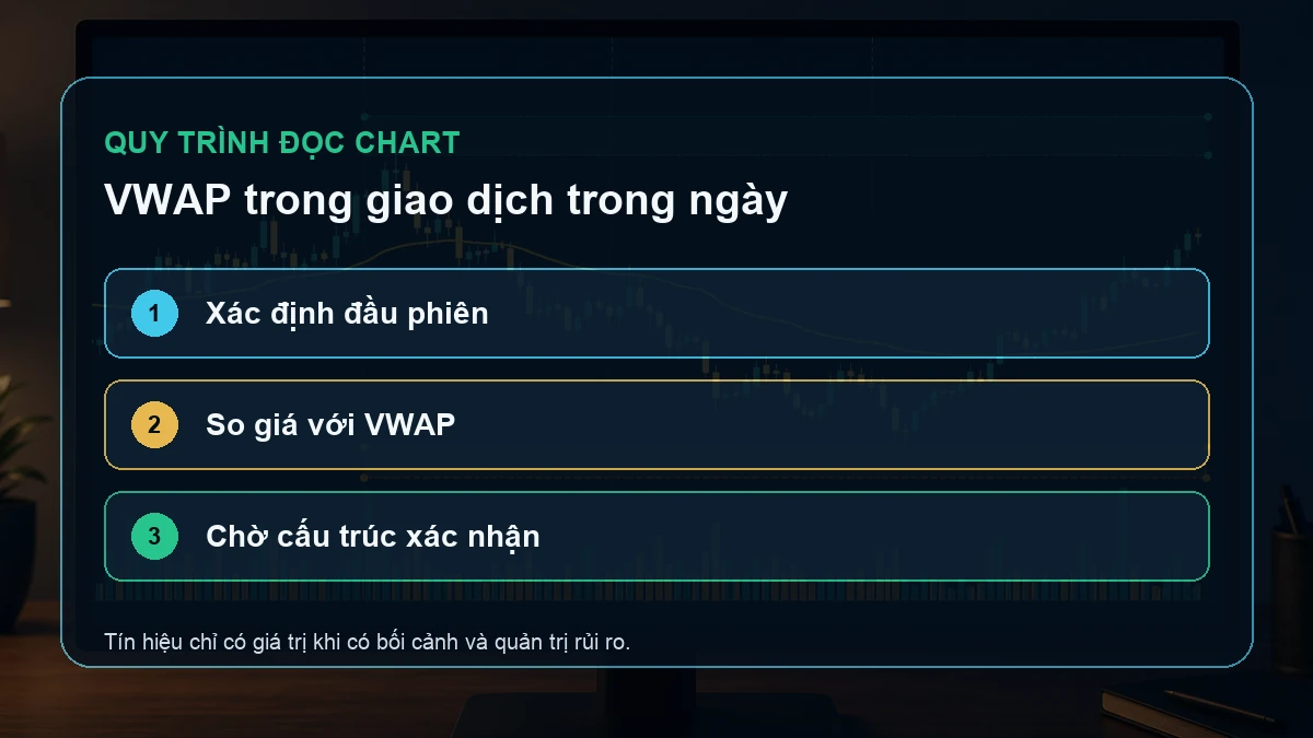 VWAP trong trading: Cách đọc giá quanh đường trung bình theo khối lượng Ba bước xác định đầu phiên so giá với VWAP và chờ cấu trúc xác nhận