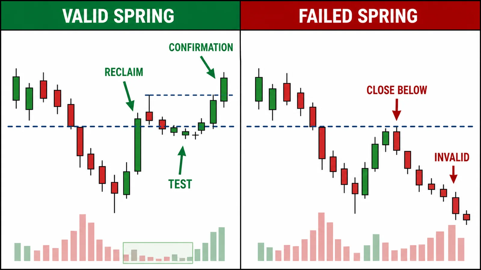 Wyckoff Spring và Test: Cách nhận diện cú phá đáy tích lũy So sánh Spring hợp lệ với breakdown đóng cửa dưới hỗ trợ