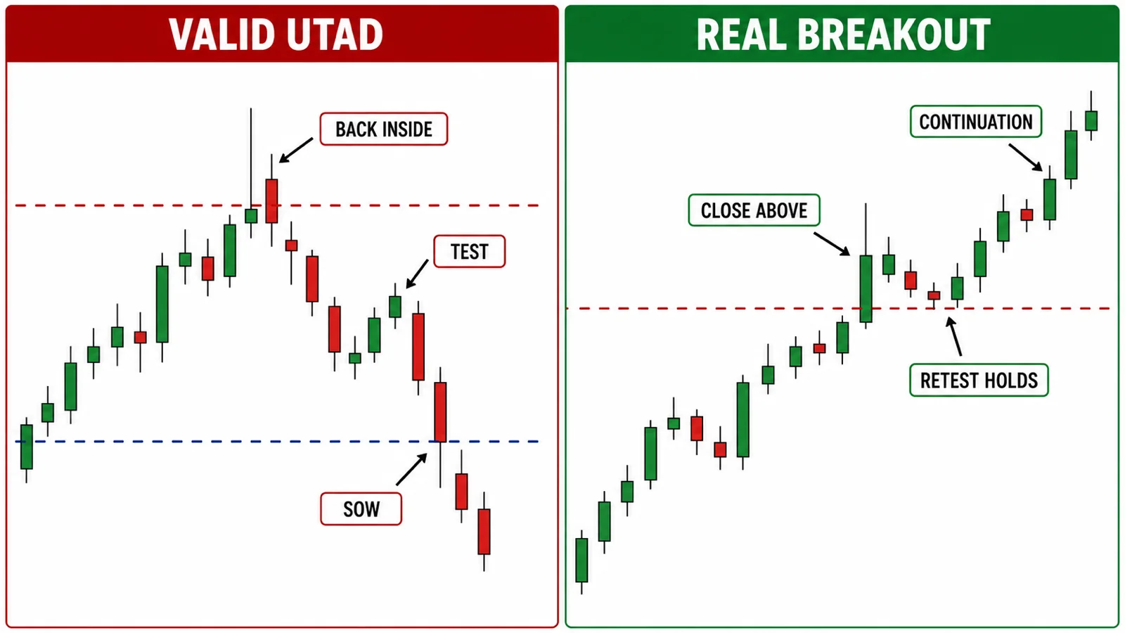Wyckoff Upthrust và UTAD: Phân biệt bẫy tăng với breakout thật So sánh UTAD quay lại range với breakout retest giữ trên kháng cự