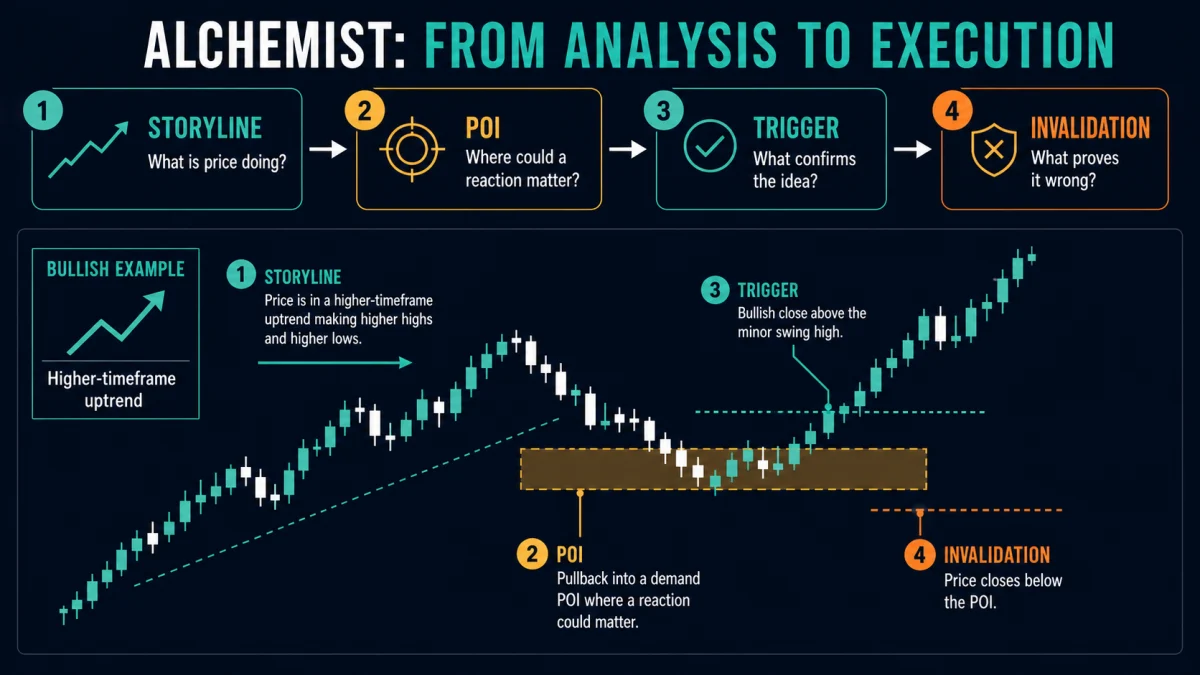 Alchemist Trading Framework: Storyline, POI and Trigger Four-step Alchemist workflow from market storyline to POI trigger and invalidation