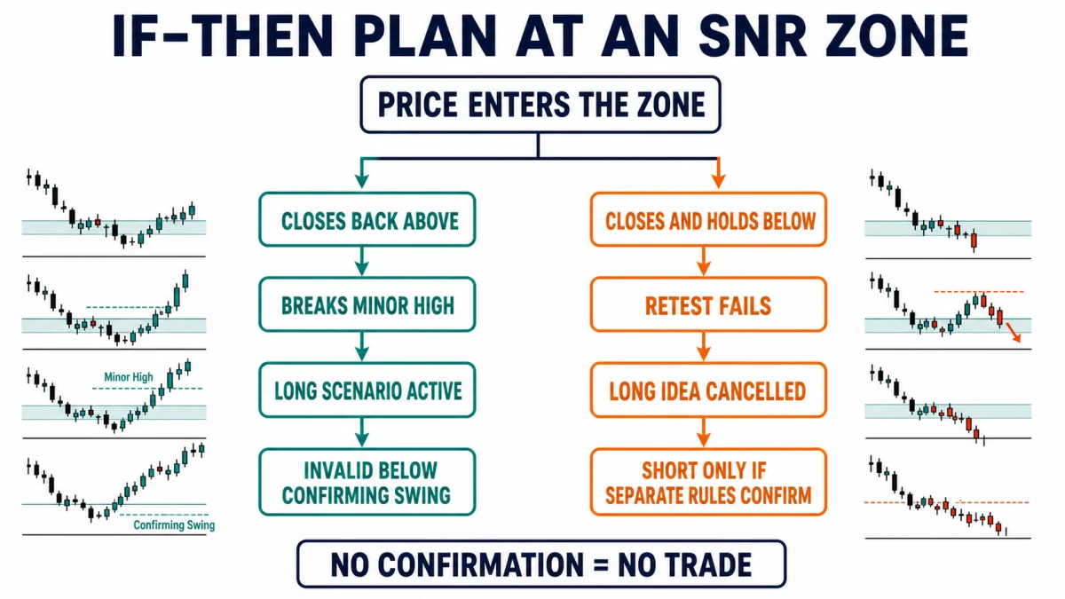 Alchemist If–Then Trading Plan: Build Two Scenarios Decision tree comparing reclaim and acceptance-below scenarios at an SNR zone