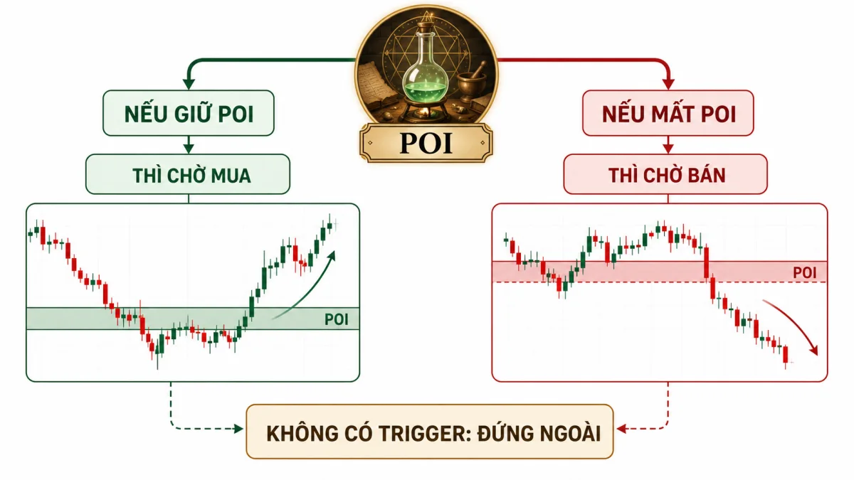 Alchemist If–Then Plan: Cách viết hai kịch bản trước phiên giao dịch Cây quyết định nếu giữ POI chờ mua nếu mất POI chờ bán và không có trigger thì đứng ngoài