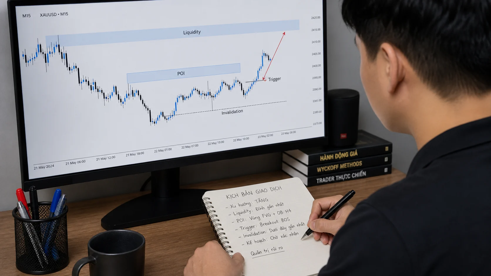 Alchemist Chart Narrative: Viết câu chuyện giá không thiên kiến Trader viết market narrative cạnh biểu đồ có POI trigger và điểm vô hiệu