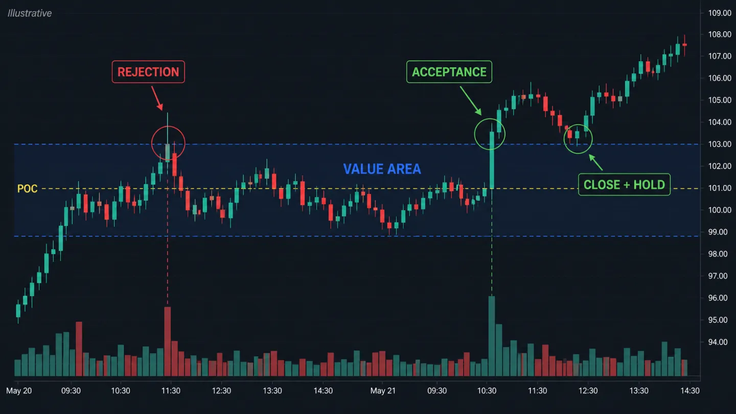 Acceptance và Rejection trong Auction Market Theory: Cách đọc giá quanh Value Area Biểu đồ so sánh acceptance và rejection quanh Value Area