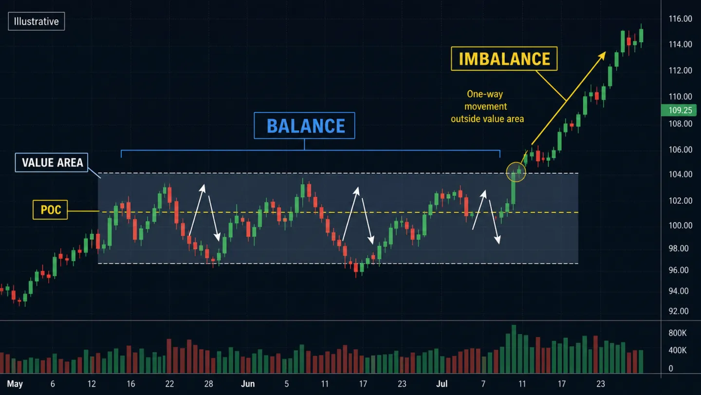 Auction Market Theory là gì? Cách đọc giá trị, cân bằng và mất cân bằng Biểu đồ nến minh họa auction market, vùng balance và imbalance