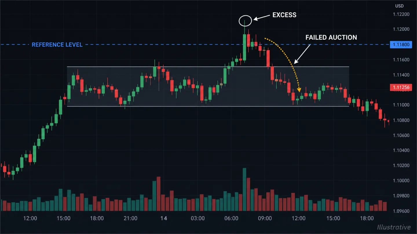 Failed Auction và Excess trong Auction Market Theory: Khi nào giá từ chối một mức? Biểu đồ failed auction, excess và phản ứng quay lại range