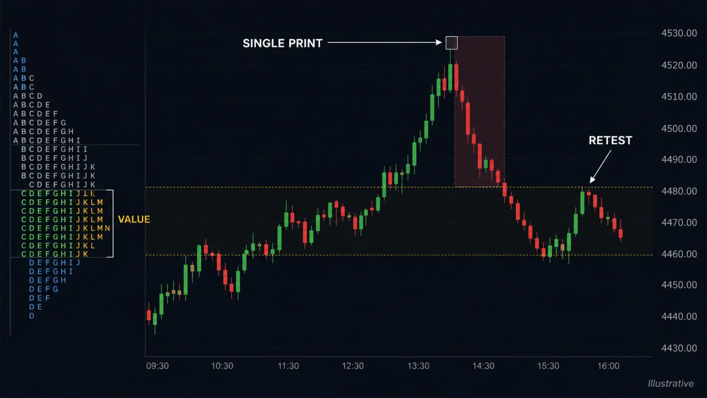 Failed Auction và Excess trong Auction Market Theory: Khi nào giá từ chối một mức? Minh họa single print, vùng giá bị từ chối và retest