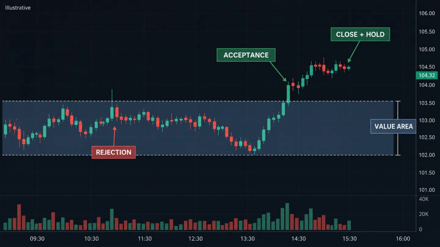 Auction Market Theory là gì? Cách đọc giá trị, cân bằng và mất cân bằng Minh họa Value Area, POC và acceptance phía trên giá trị