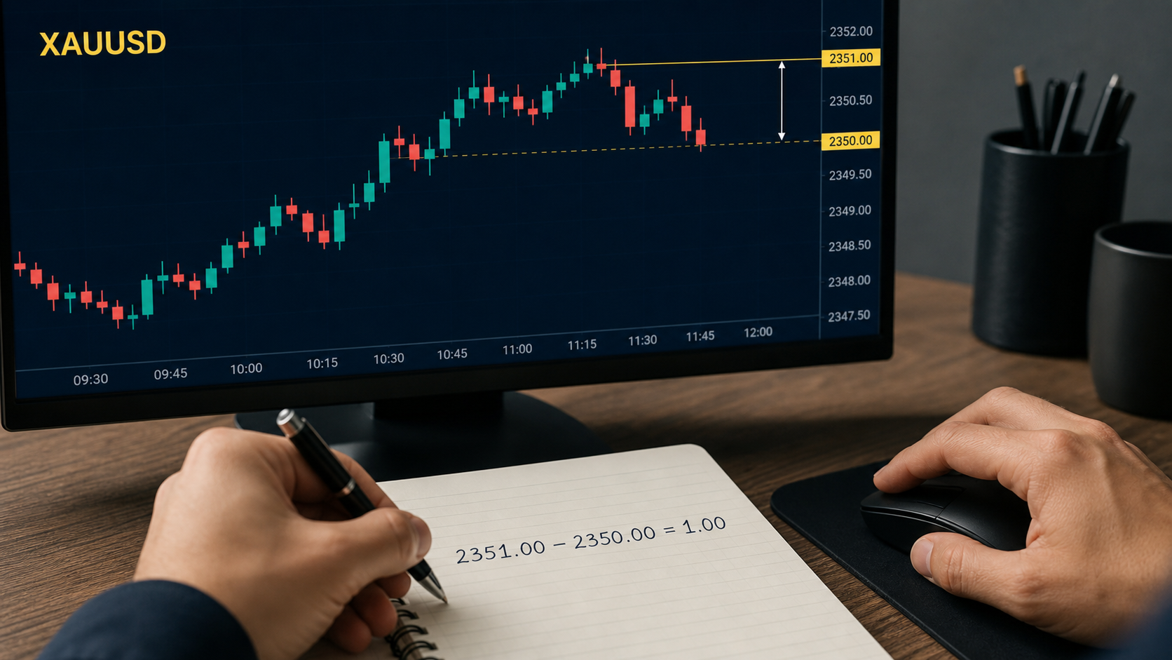 Cách tính pip vàng XAUUSD: Công thức, ví dụ và calculator Trader đo biến động giá XAUUSD từ 2350.00 đến 2351.00