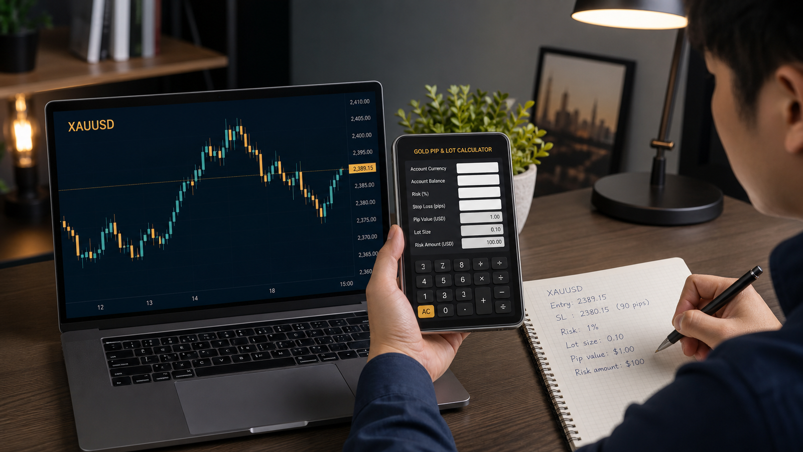Công cụ tính pip và lot vàng: Hướng dẫn dùng calculator XAUUSD Trader dùng calculator pip và lot vàng bên cạnh chart XAUUSD