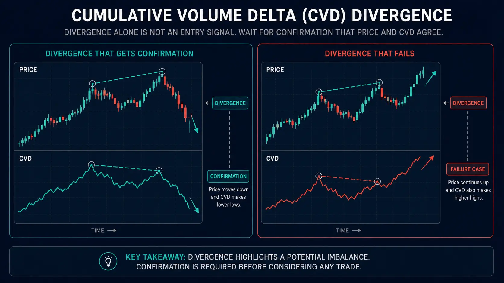 Cumulative Volume Delta: Calculation and Divergence CVD divergence with confirmation and failure cases