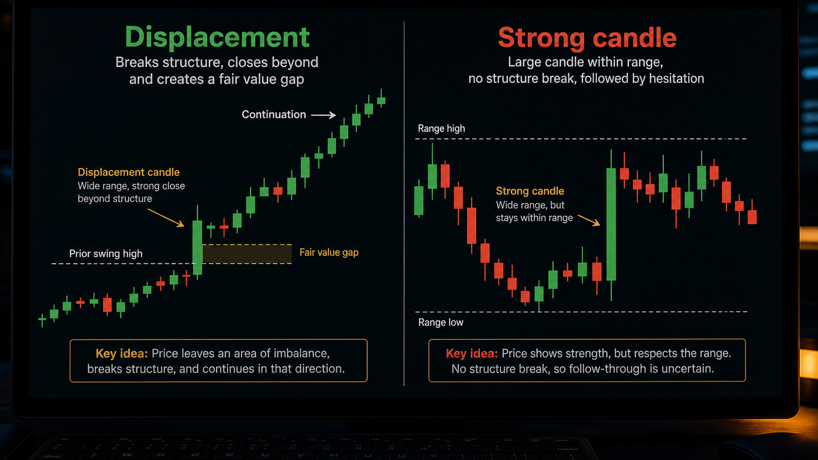 Displacement vs a Strong Candle: How to Confirm a Real Structure Shift Displacement versus a strong candle on a side-by-side chart