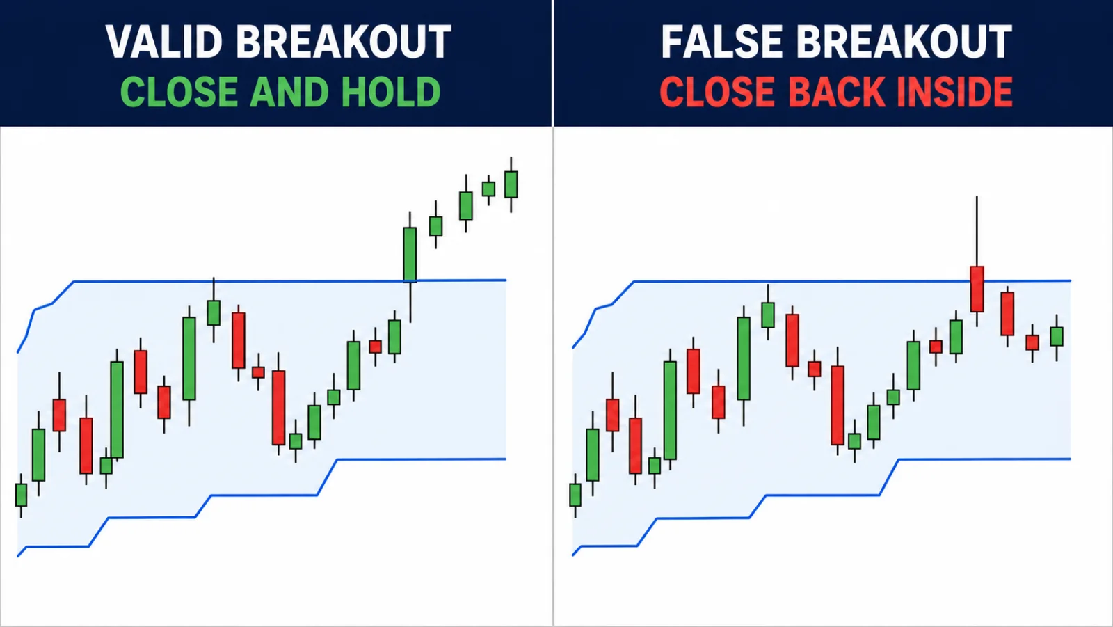 Donchian Channel Breakout Strategy: Rules and Filters Valid Donchian close and hold compared with a wick that closes back inside the channel