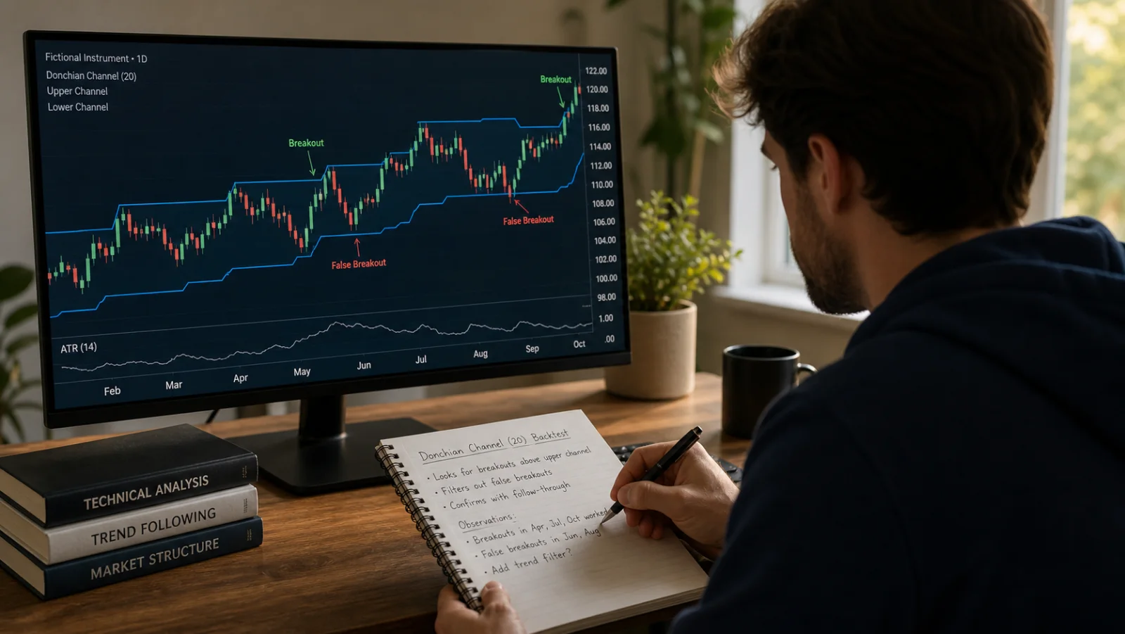 Donchian Channel Breakout Strategy: Rules and Filters Trader recording valid and false Donchian Channel breakouts on a fictional chart