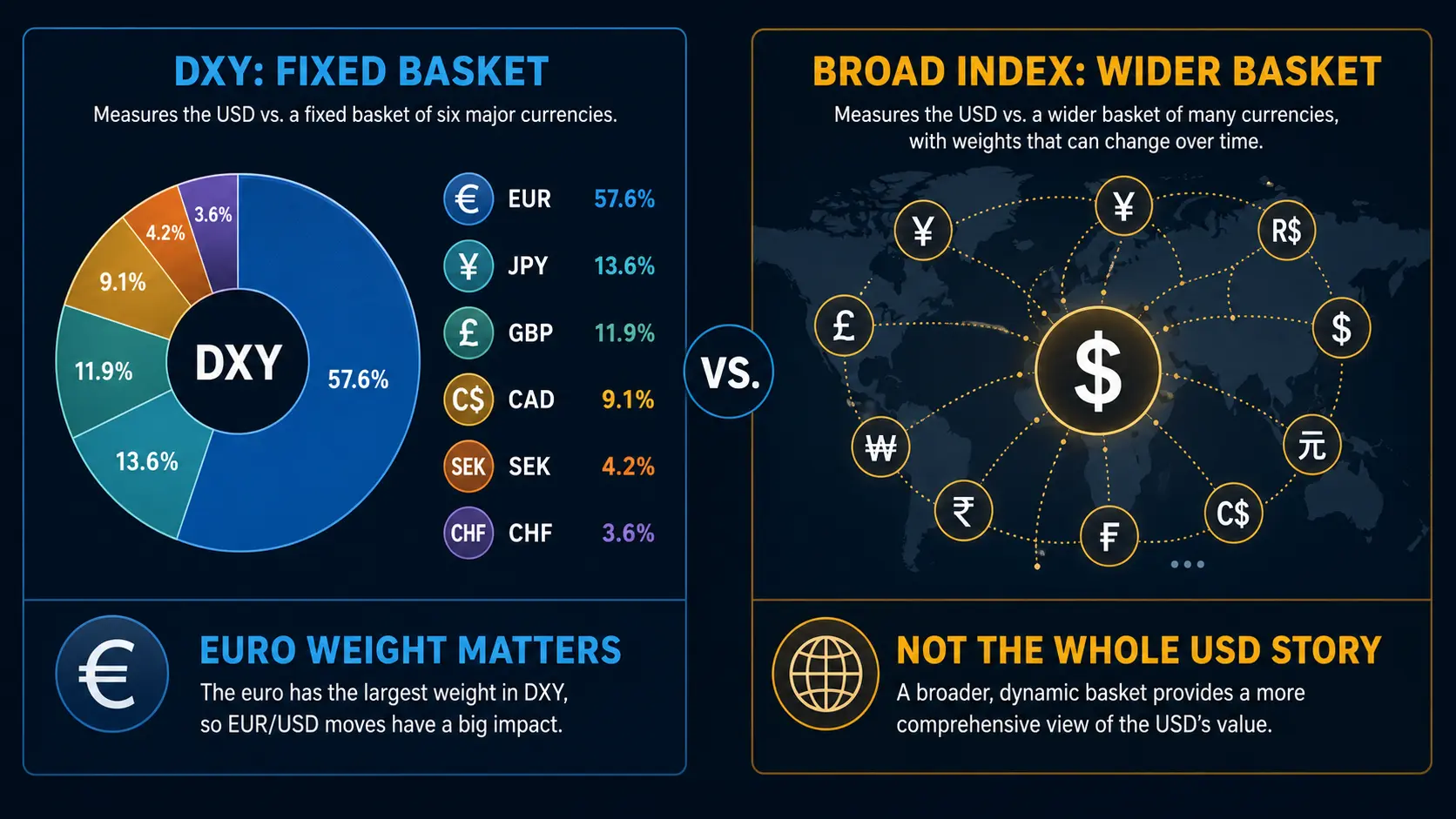DXY Index Explained: Composition and Trading Limits DXY fixed currency basket compared with a broader dollar basket