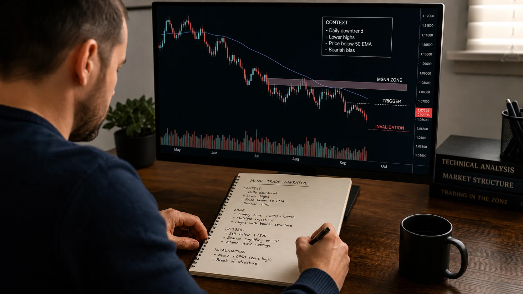 Alchemist Trading Framework: Storyline, POI and Trigger Trader writing a conditional market narrative beside an MSNR chart