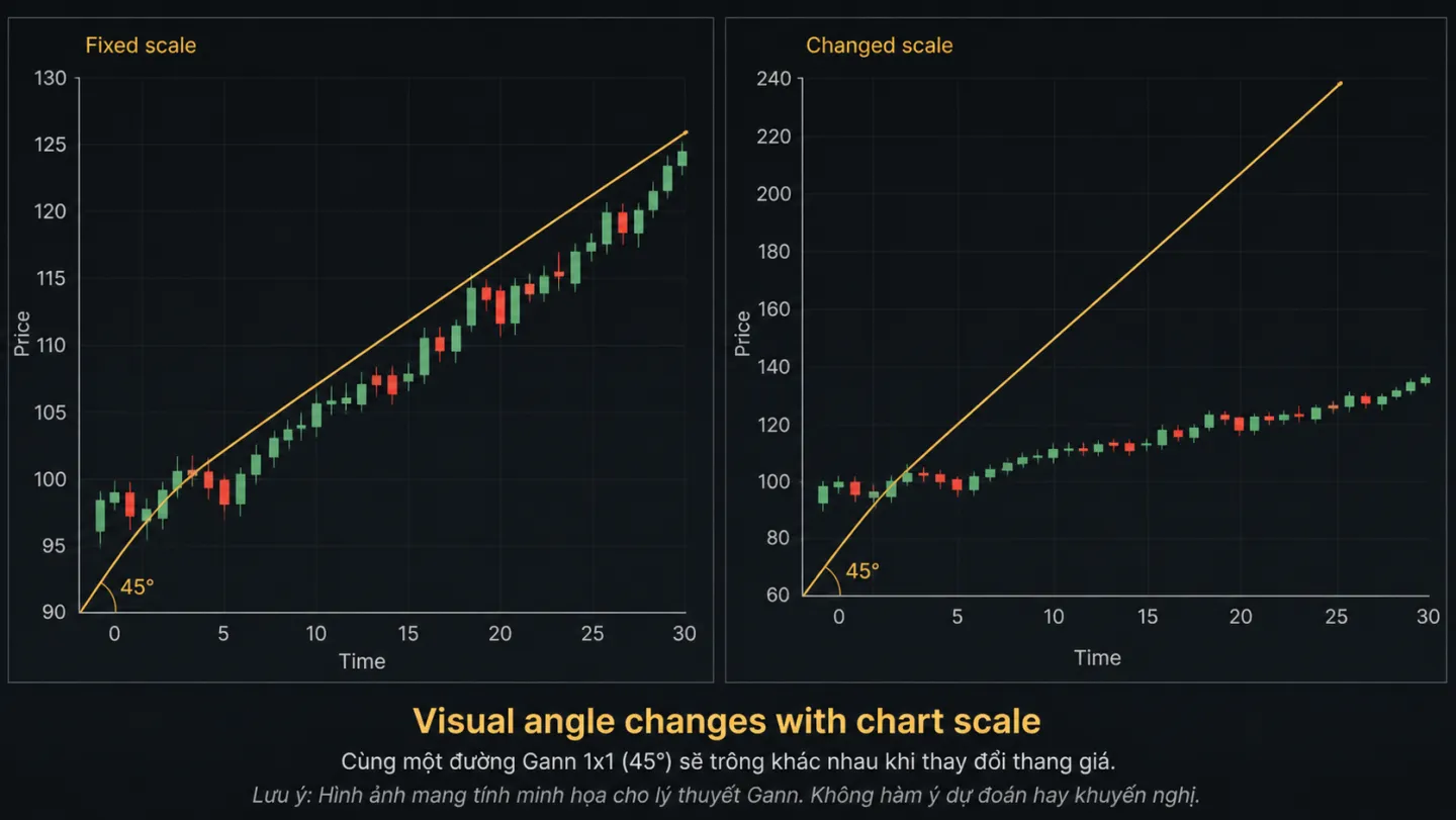 Lý thuyết Gann trong trading: Góc, thời gian và giới hạn khi áp dụng So sánh góc Gann trên fixed scale và changed scale