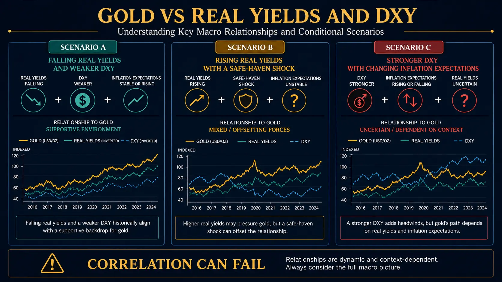 Gold, Real Yields and DXY: Relationships and Limits Gold yield and dollar correlation failure scenarios