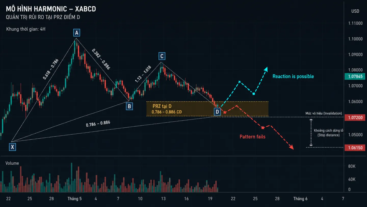 Harmonic Patterns: Cách xác định PRZ, Fibonacci và invalidation Biểu đồ quản trị rủi ro Harmonic tại PRZ điểm D với kịch bản phản ứng và thất bại
