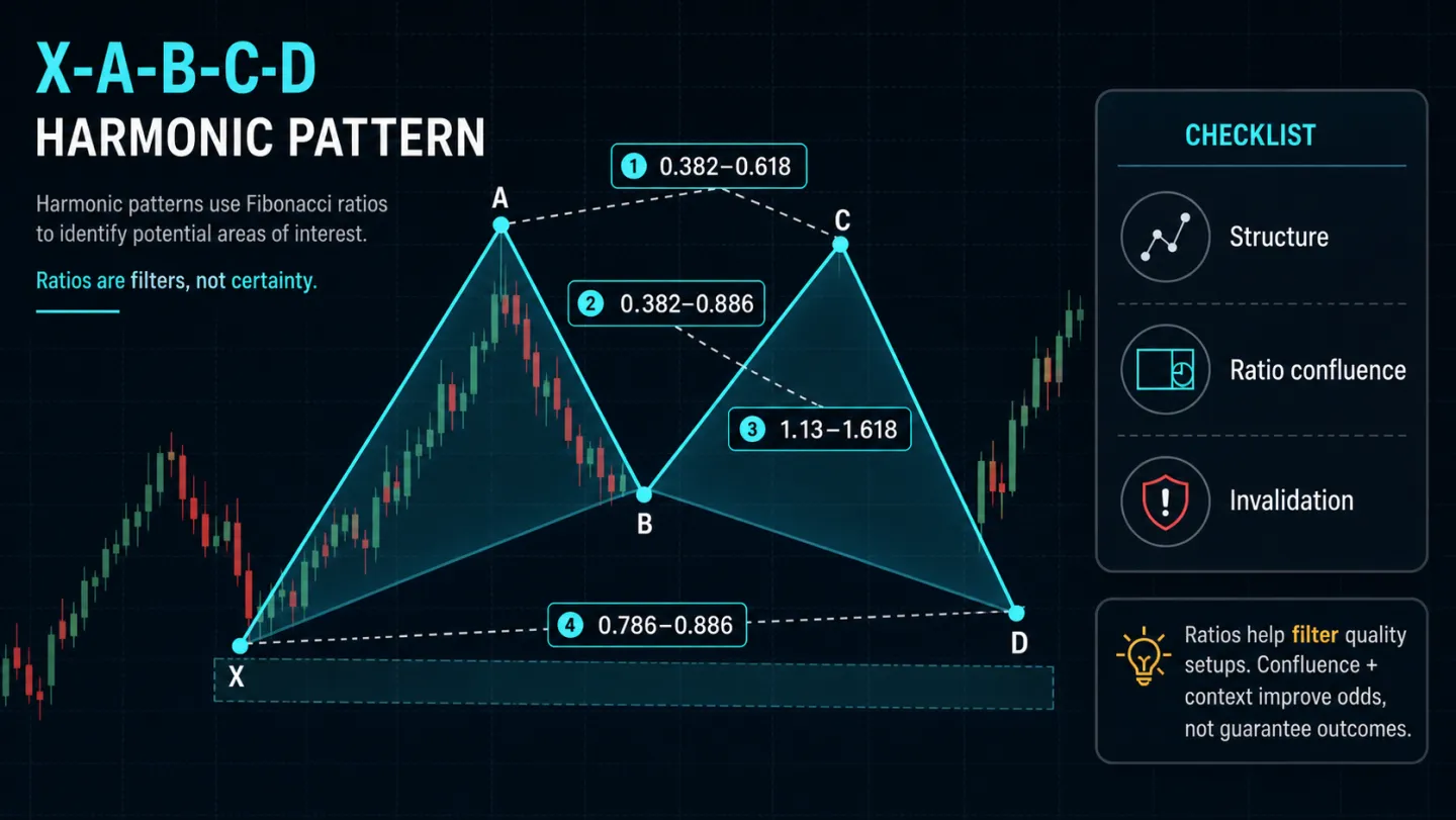 Harmonic Patterns: Cách xác định PRZ, Fibonacci và invalidation Sơ đồ Harmonic XABCD với các tỷ lệ Fibonacci và checklist structure ratio confluence invalidation