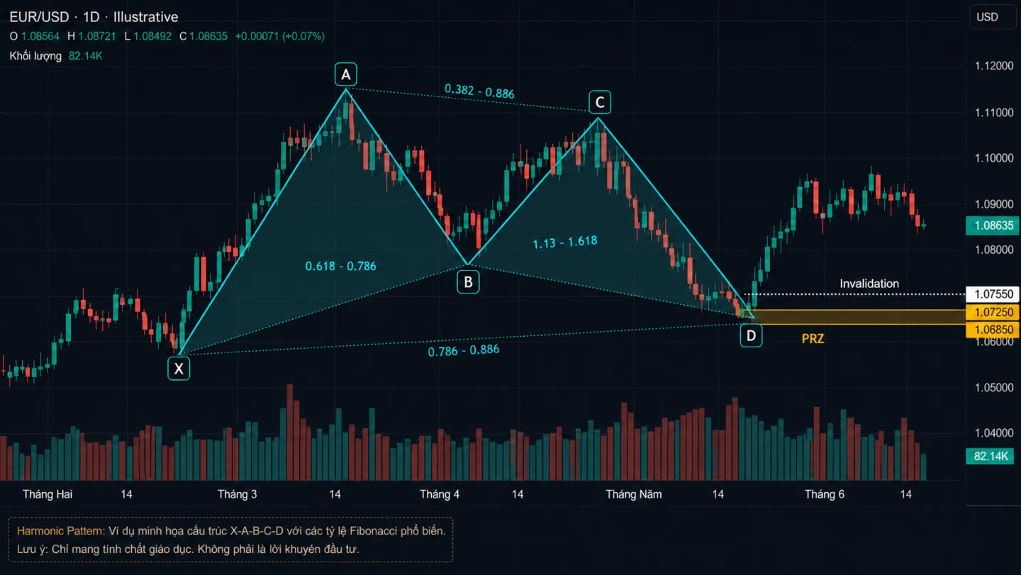 Harmonic Patterns: Cách xác định PRZ, Fibonacci và invalidation Biểu đồ XABCD Harmonic với vùng PRZ và mức invalidation