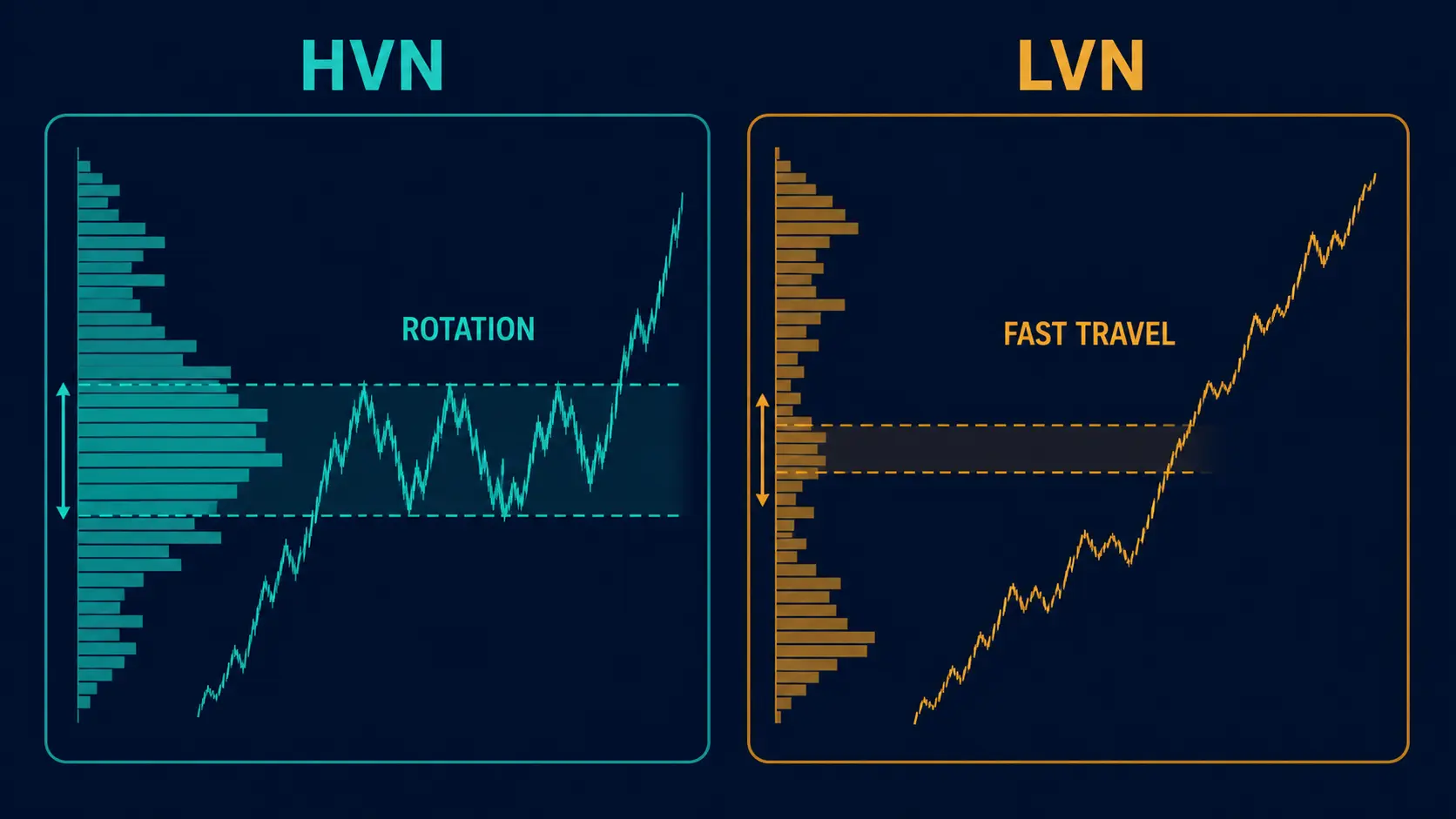 HVN vs LVN: High Volume Nodes, Naked POC and Acceptance HVN rotation and LVN fast travel on a conceptual price chart