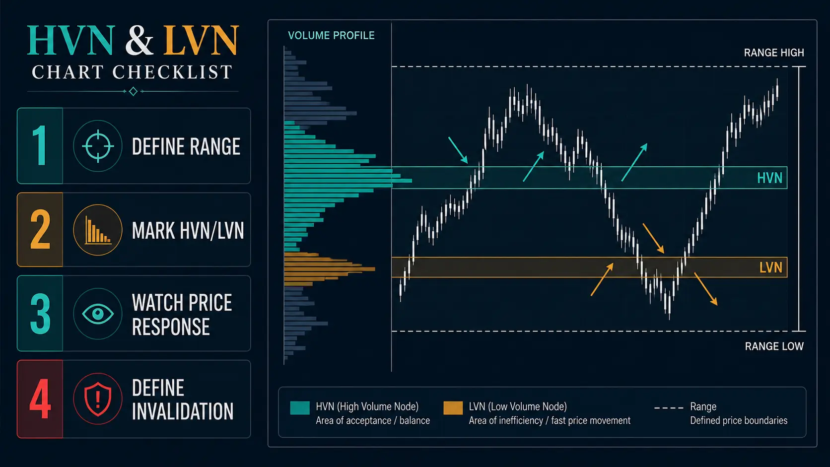 HVN vs LVN: High Volume Nodes, Naked POC and Acceptance HVN and LVN workflow with range selection and invalidation
