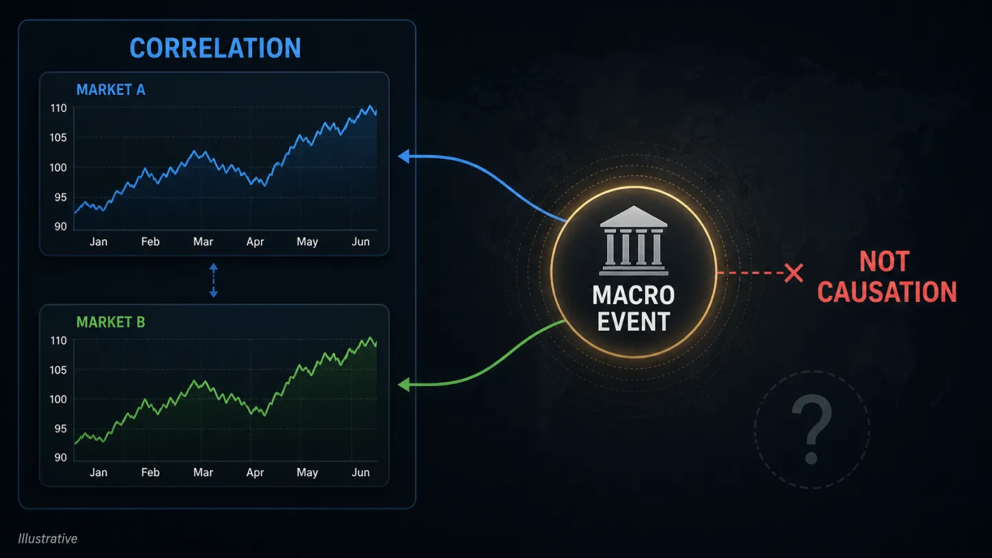 Tương quan liên thị trường trong trading: Cách đo, rolling correlation và giới hạn Sơ đồ phân biệt correlation với causation trong intermarket analysis