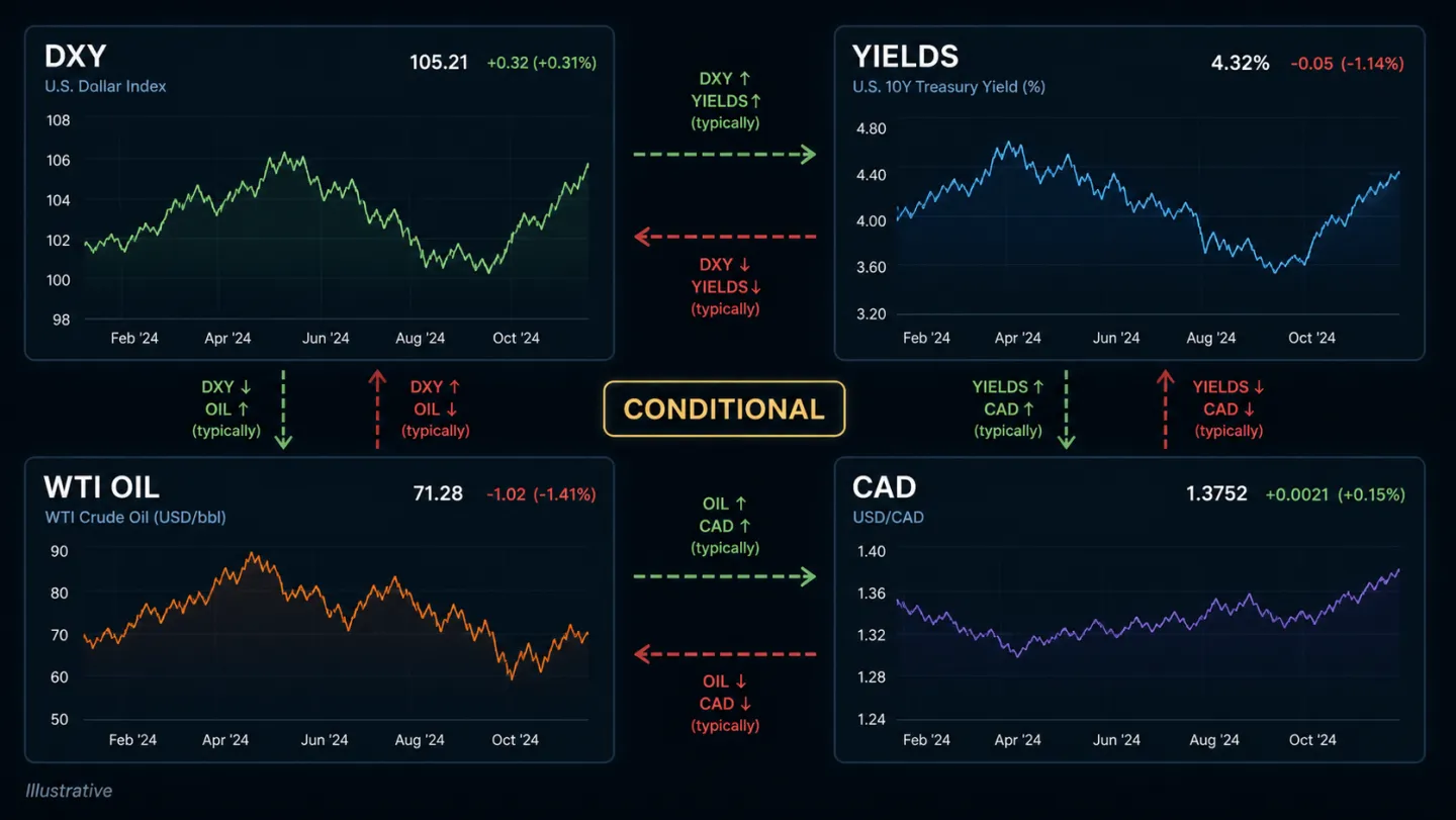 DXY, lợi suất trái phiếu, dầu và CAD: Xây kịch bản liên thị trường có điều kiện Bản đồ DXY lợi suất dầu WTI và CAD với các liên kết có điều kiện