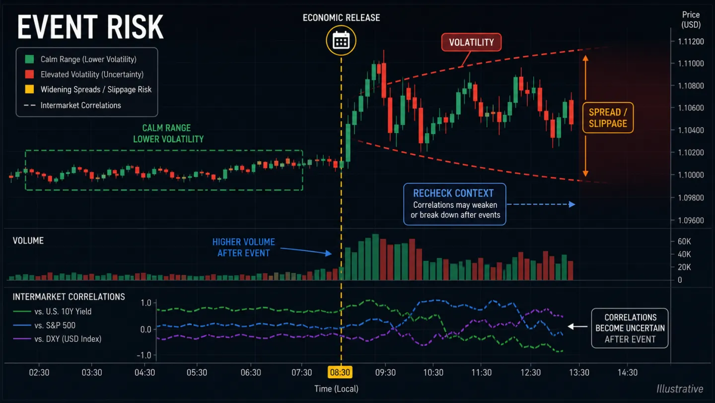 DXY, lợi suất trái phiếu, dầu và CAD: Xây kịch bản liên thị trường có điều kiện Sơ đồ rủi ro sự kiện và biến động khi phân tích liên thị trường