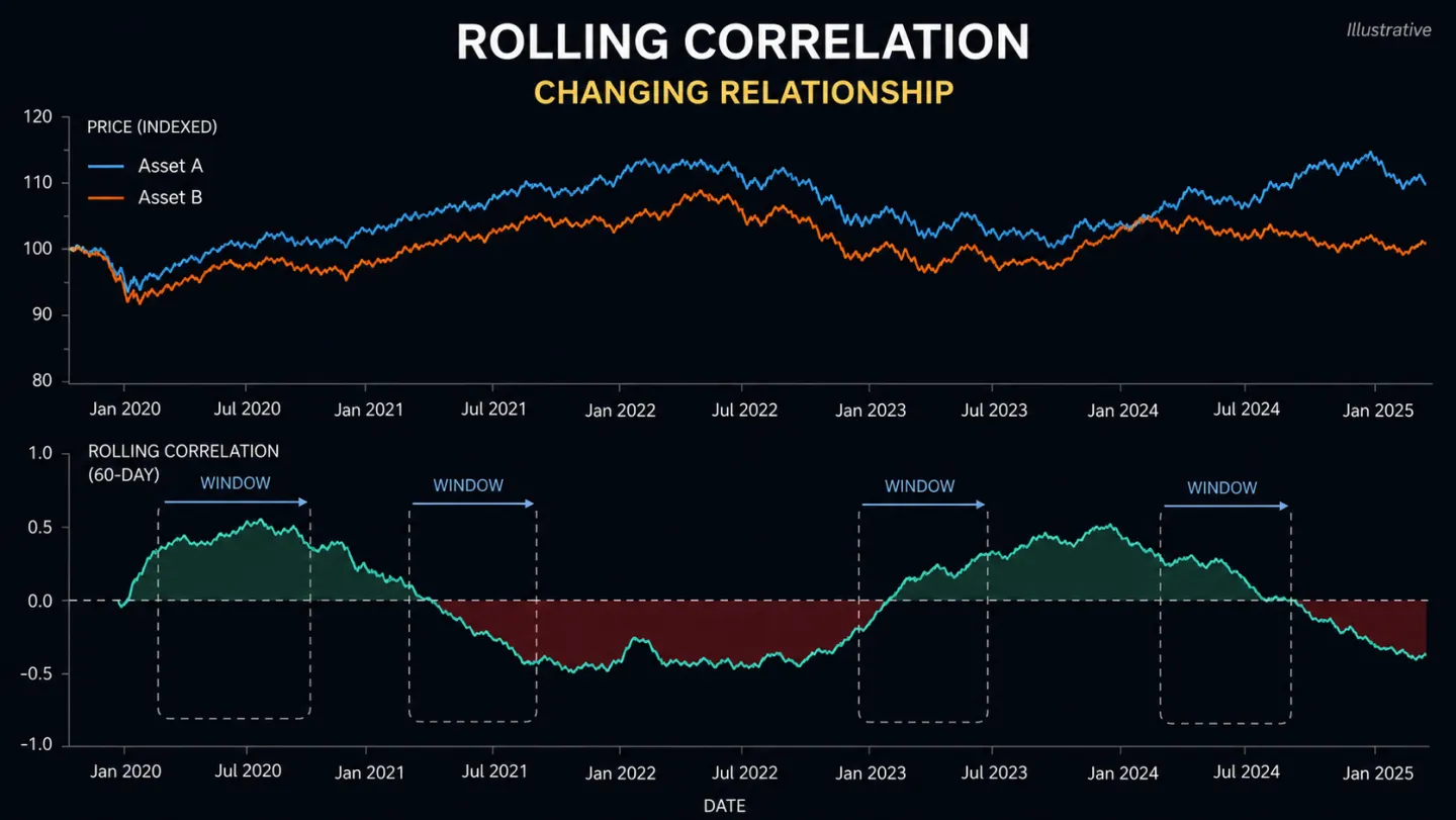 Tương quan liên thị trường trong trading: Cách đo, rolling correlation và giới hạn Biểu đồ rolling correlation thay đổi theo thời gian
