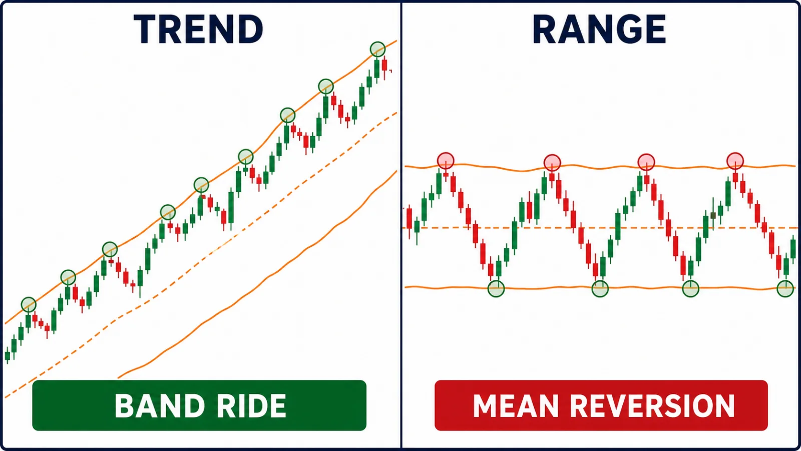 Keltner Channels vs Bollinger Bands: Key Differences Keltner band ride in an uptrend compared with mean reversion in a sideways range