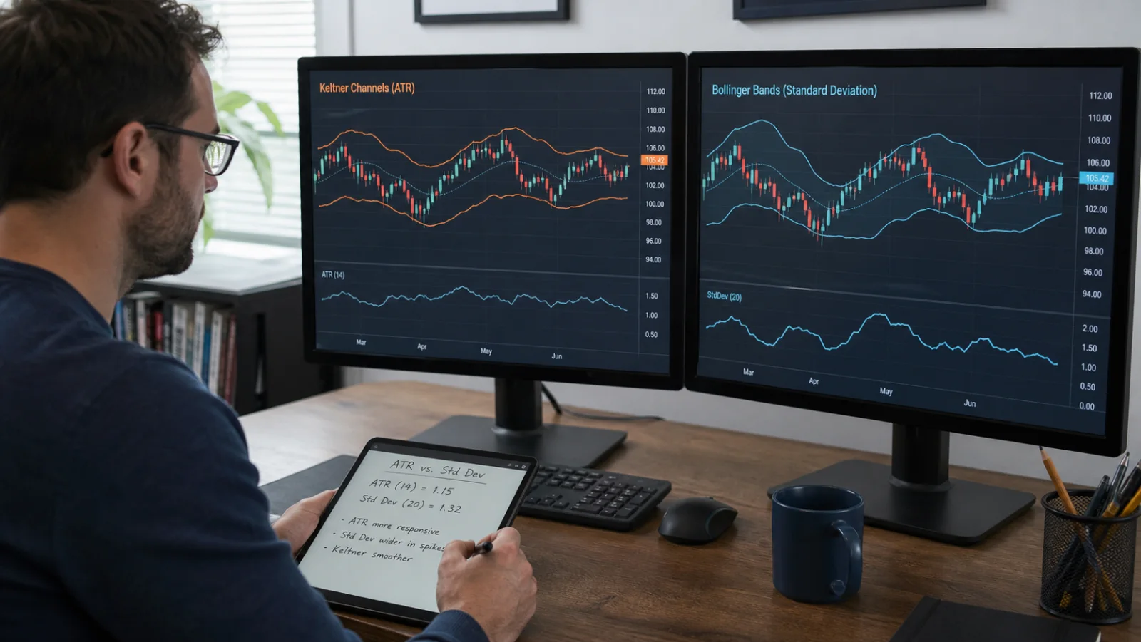 Keltner Channels vs Bollinger Bands: Key Differences Analyst comparing ATR Keltner Channels and standard-deviation Bollinger Bands