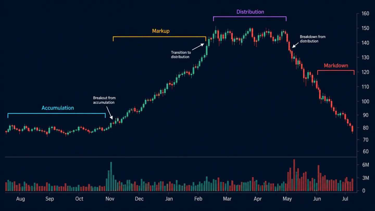 Market Cycle Analysis: Accumulation, Markup, Distribution and Markdown Illustrative market-cycle chart showing accumulation markup distribution and markdown