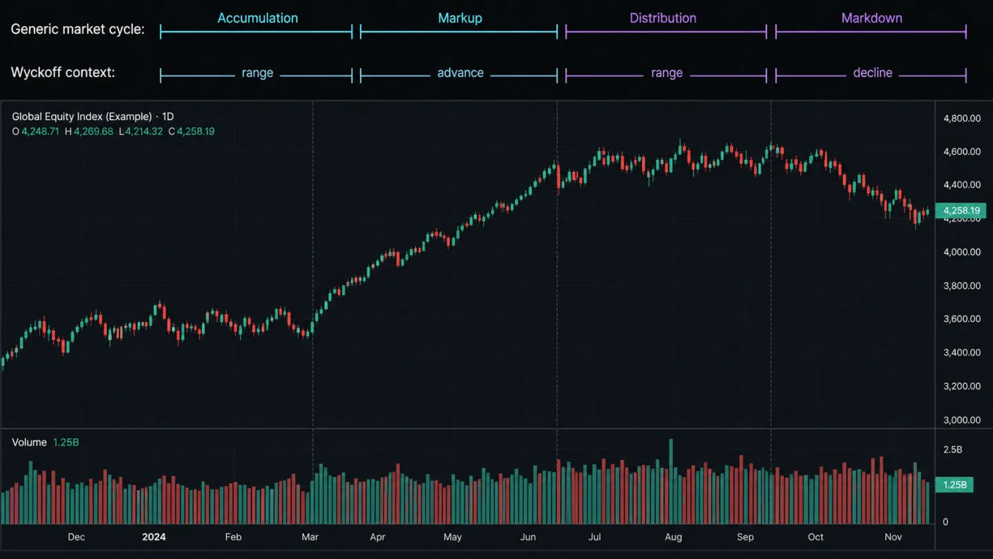 Chu kỳ thị trường và Wyckoff: Dùng khung bối cảnh mà không ép nhãn So sánh generic market cycle với Wyckoff context trên biểu đồ nến