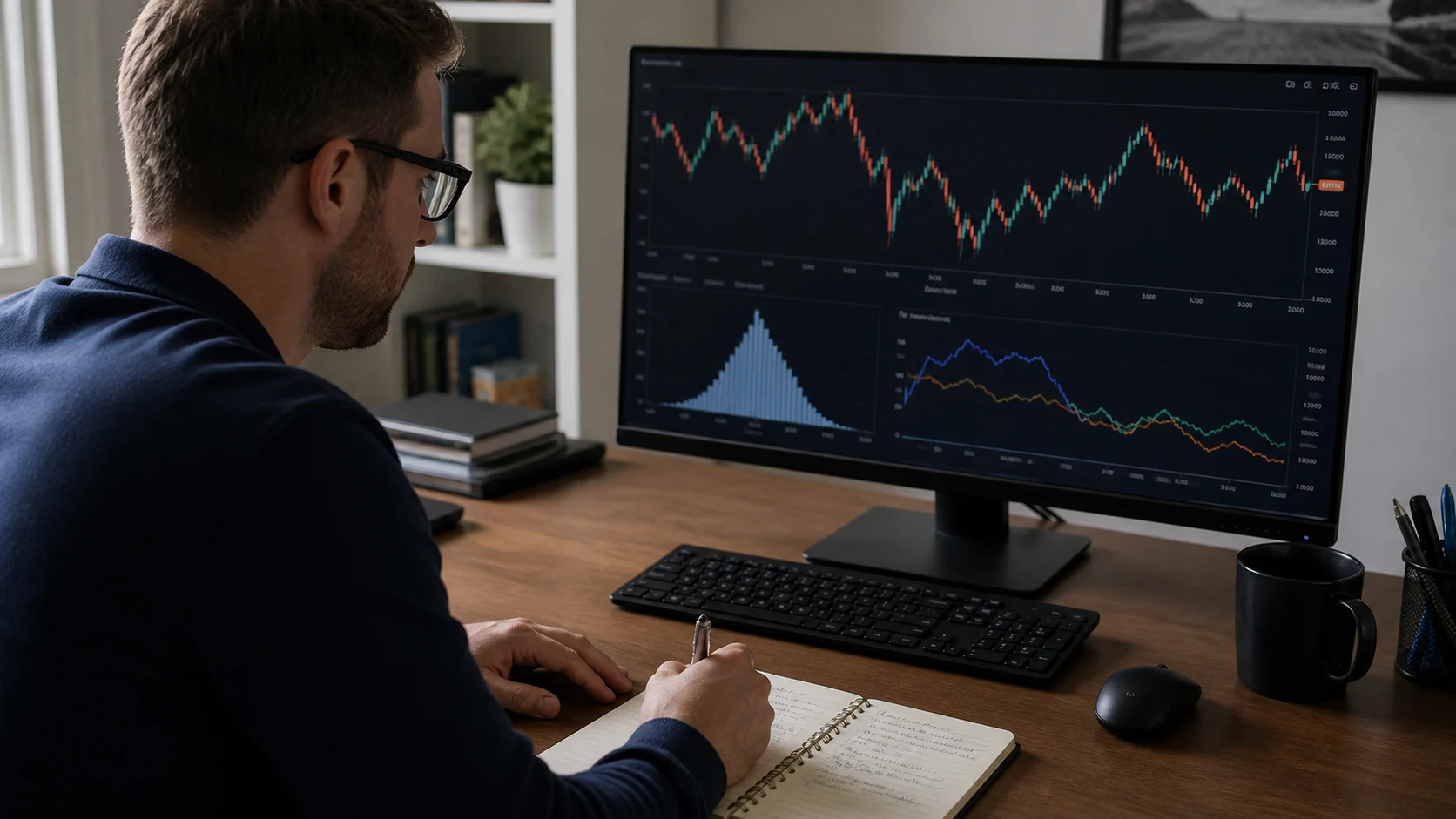 Monte Carlo Trading Simulation: Drawdown and Sequence Risk Analyst reviewing a simulation chart and drawdown distribution