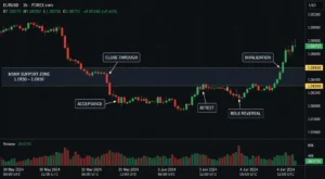 EURUSD H1 broken MSNR support zone showing close-through, acceptance, retest and RBS SBR role reversal