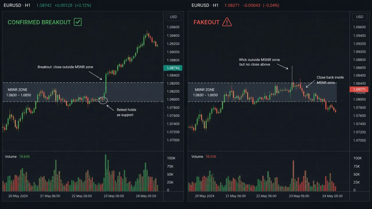 Compression Before an MSNR Breakout: When Is It More Reliable? Two-panel EURUSD chart comparing confirmed MSNR breakout and fakeout
