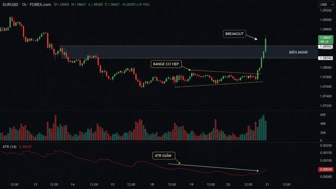 Compression trước vùng MSNR: Khi nào breakout đáng tin hơn Biểu đồ EURUSD H1 range co hẹp trước breakout MSNR với ATR giảm và volume